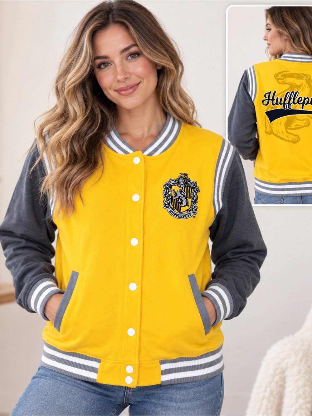 Harry Potter Hufflepuff Varsity Jacket Women’s Large Yellow Gray Snap Front